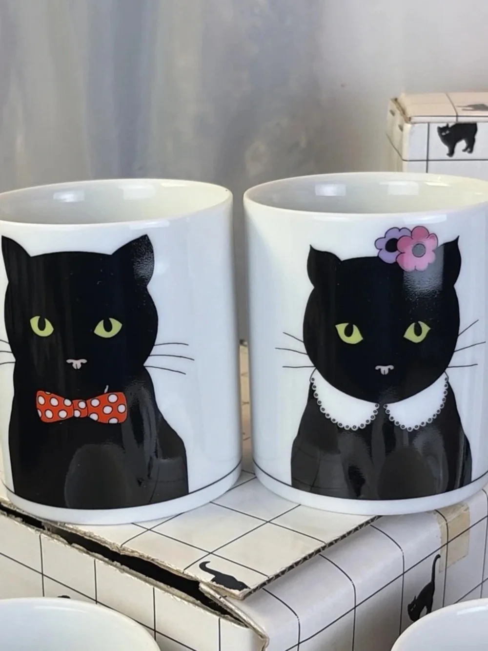 Set of 4 Plates & 4 Mugs Dept 56 Cat's Meow His & Hers Black Cat 7.5